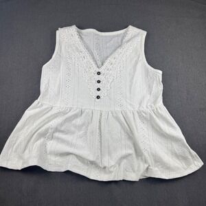 Breathe Curve Women's White Eyelet Lace‎ Button Front Peplum Top Blouse 1X